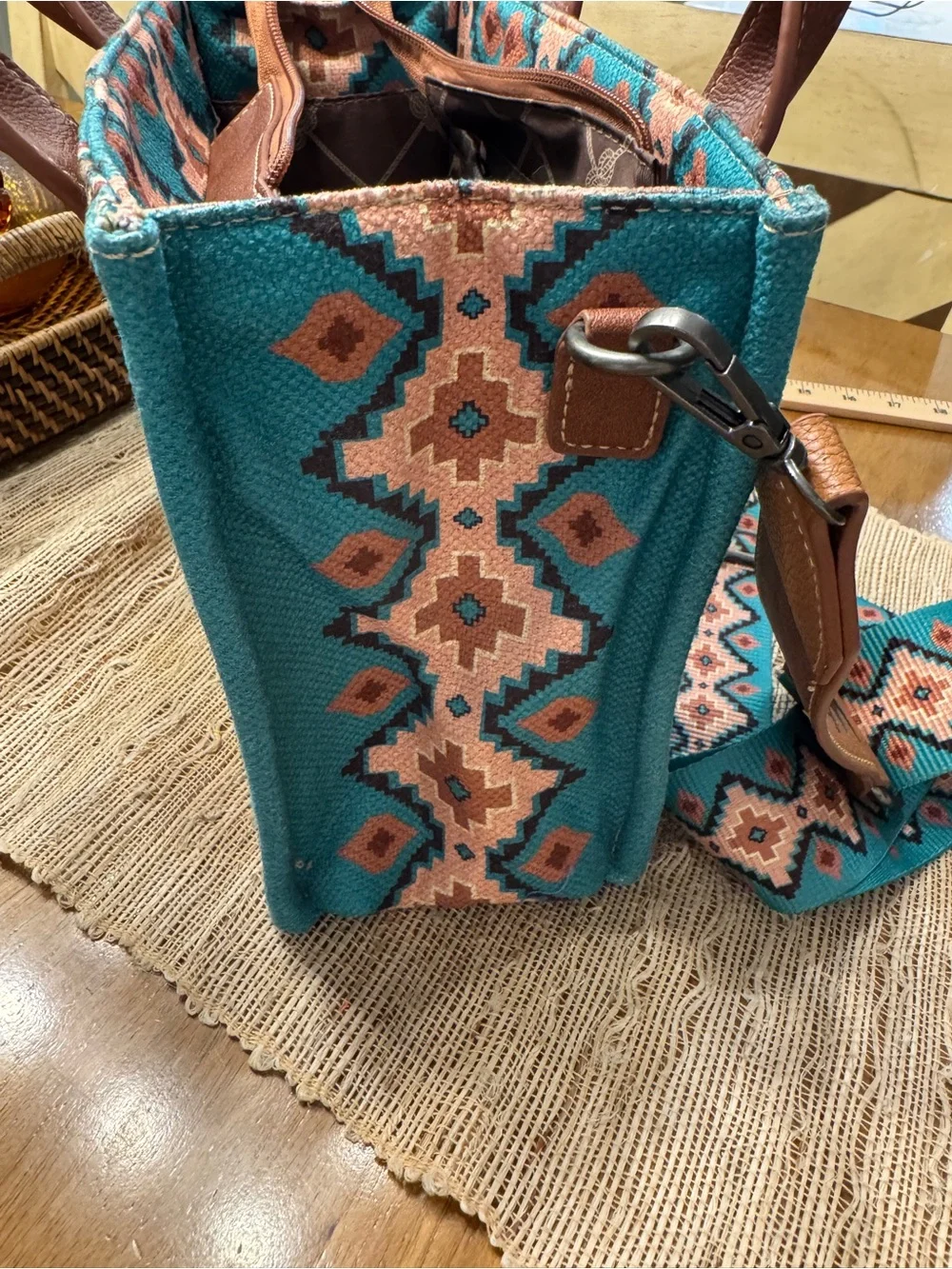Wrangler Turquoise Aztec Canvas Satchel Crossbody Western Bag